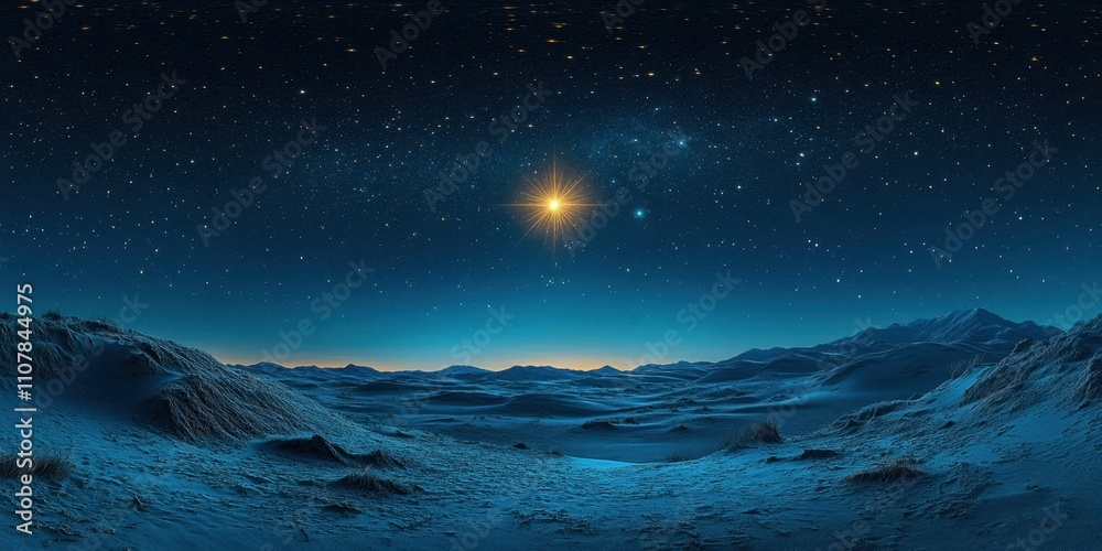 Expansive night sky with shimmering stars over a tranquil snowy landscape at dawn Expansive night sky with shimmering stars over a tranquil snowy landscape at dawn