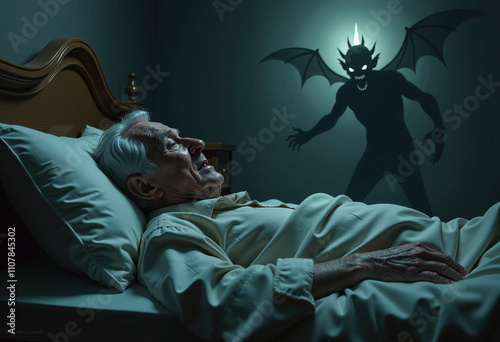 An elderly man having a nightmare with images of demons in his dream, lack of sleep, insomnia.