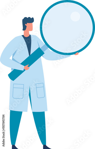 Scientist wearing a lab coat is holding a large magnifying glass, symbolizing scientific investigation, analysis, and the search for knowledge and breakthroughs