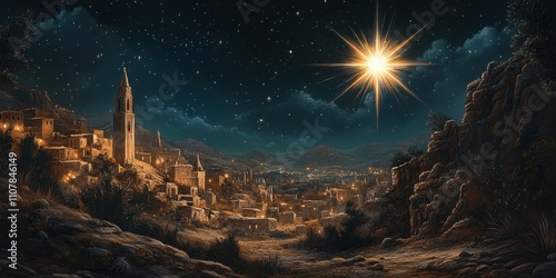 Shining star illuminates a tranquil ancient town under a starlit sky at midnight, Jesus child born photo