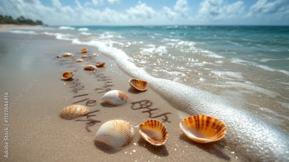 Seashells and Summer Message on Sandy Beach Seashells and Summer Message on Sandy Beach