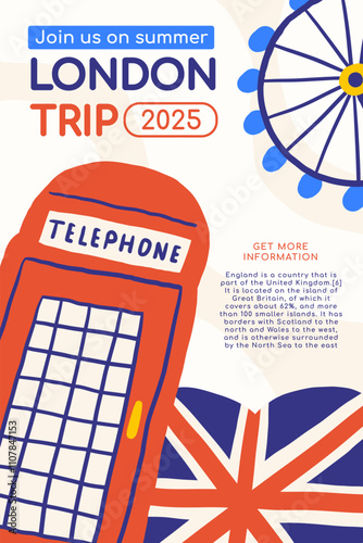 Cute Cute England, English, Great Britain, United Kingdom composition, banner with funny hand drawn doodle telephone booth, box, national country flag, Ferris wheel, sightseeing. British background