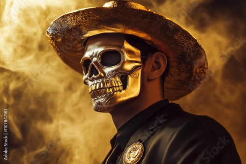 A radiant golden skull in a glistening hat immersed in swirling smoke, this image captures the essence of luxury, mystery, and avant-garde artistic flair. photo