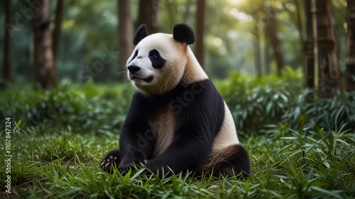 Majestic panda bear sits calmly in lush green bamboo forest.