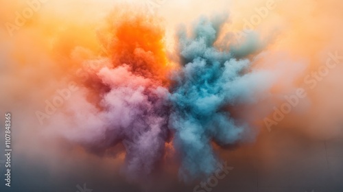 An abstract representation of vibrant colors forming a dynamic explosion of clouds, showcasing orange, purple, and blue hues that captivate and inspire imagination. photo