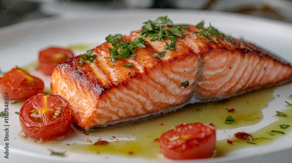 A beautifully plated salmon fillet garnished with herbs and roasted cherry tomatoes. A beautifully plated salmon fillet garnished with herbs and roasted cherry tomatoes.
