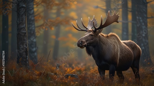 Majestic moose with large antlers standing in an autumn forest.