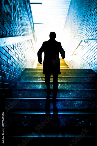 silhouette of a man walking up a staircase photo