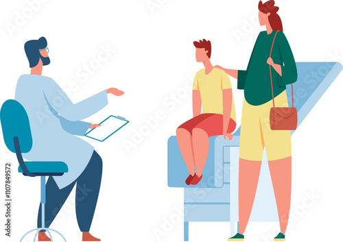 Doctor holding clipboard explaining diagnosis to worried mother comforting her son sitting on hospital bed, healthcare and medical treatment concept