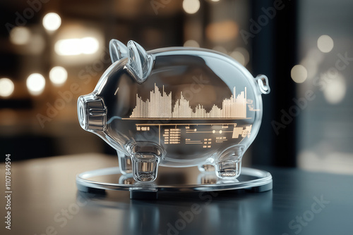 Transparent piggy bank with illuminated financial graphs inside, symbolizing the fusion of savings and advanced data analytics.