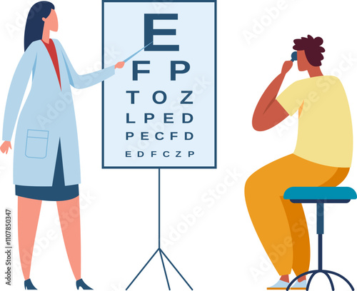 Doctor performing eye exam, checking patient vision with snellen chart, covering one eye and reading letters during medical consultation in ophthalmology clinic