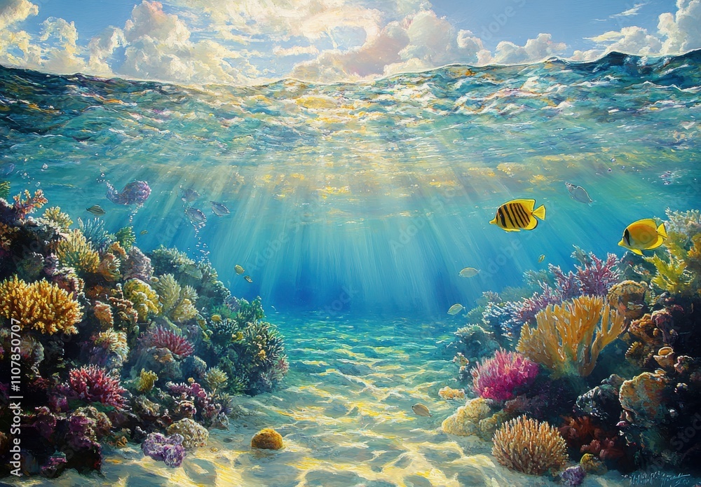 Obraz premium Vibrant Underwater Scene with Colorful Coral Reef and Tropical Fish Illuminated by Sunlight Streaming Through Ocean Waves