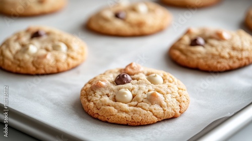 A batch of cookies featuring both white and milk chocolate chips sitting on a parchment-lined baking sheet, offering a sense of variety and simple indulgence. photo