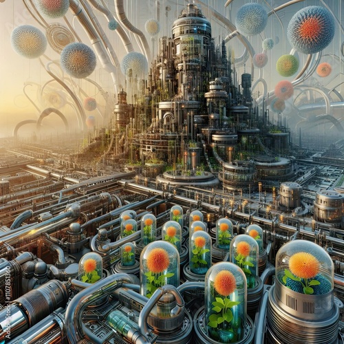 Futuristic bio-industrial complex blending organic and mechanical technology photo