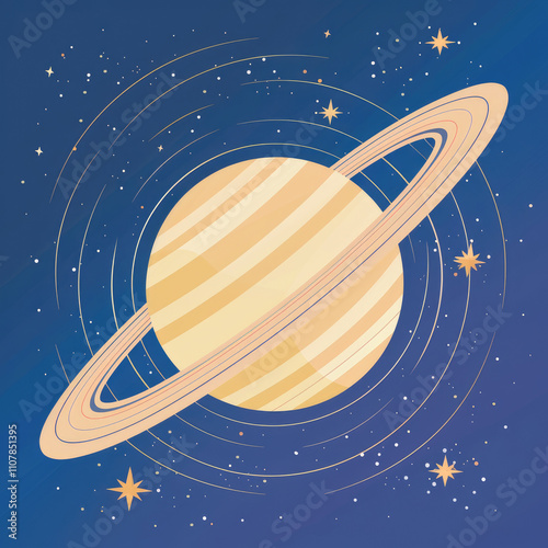 Colorful illustration of planet Saturn on blue background. Saturn return. Retrograde Saturn. Astrology sign