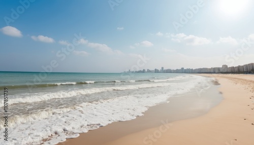 Sunny beach scene with gentle waves lapping at the shore, cityscape in the distance.