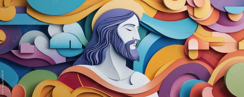 Obraz premium A vibrant, abstract representation of a serene figure, featuring colorful swirls and layered paper art, evoking a sense of peace and spirituality.