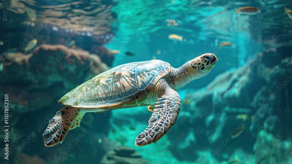 Obraz premium photograph of turtle, animal, sea, reptile, underwater, nature, blue, tortoise, green, water, brown, 