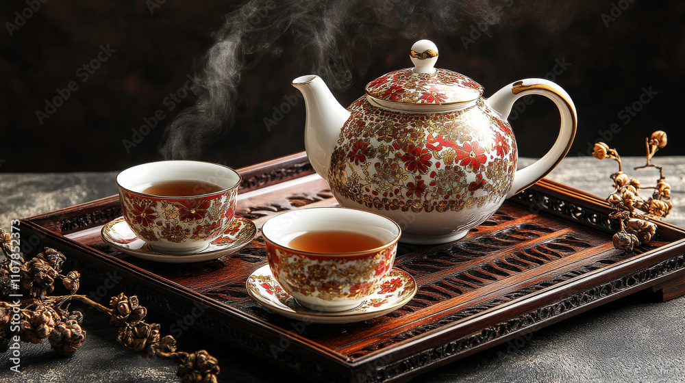 Fototapeta premium Traditional teapot and cups, porcelain teapot with red and gold patterns into matching cups