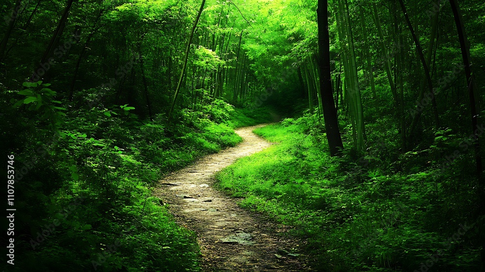 Obraz premium Winding path through a serene bamboo forest surrounded by lush greenery during daylight