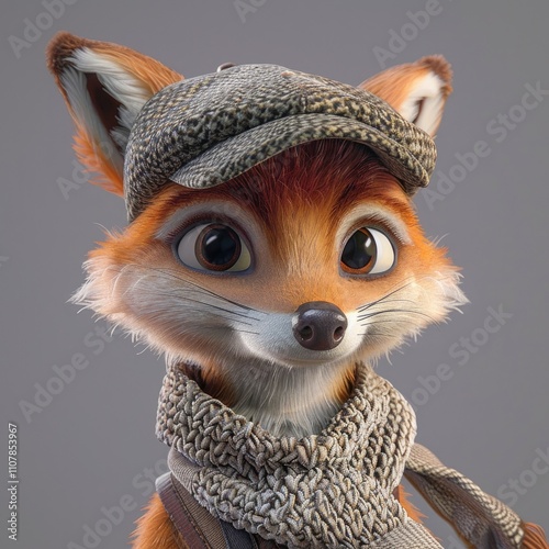 A cartoon fox character wearing a cap and scarf, exuding charm and friendliness. photo