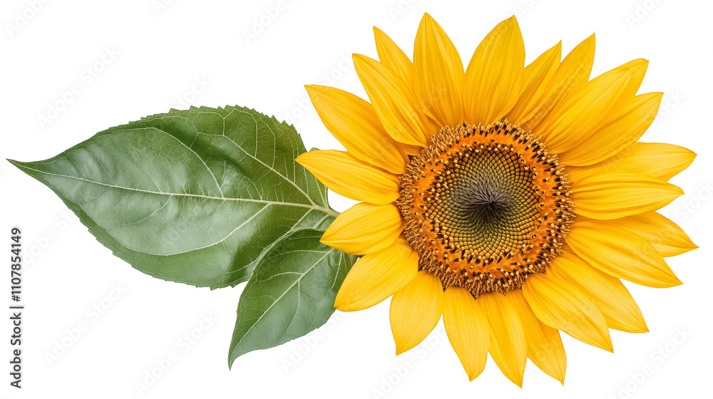 Obraz premium Sunflower closeup, golden petals and green leaf. nature photography captures summer’s vibrant beauty. this bright, beautiful sunflower stands tall, symbolizing joy growth.