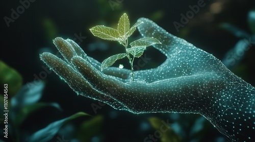 Abstract Digital Hands Protect a Sprout: The Human Covers the Growth photo