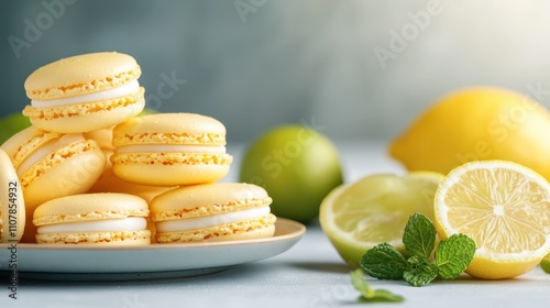 A stack of zesty lemon macarons against a citrus backdrop with mint leaves, forming a vibrant and delightful scene of confectionary joy and refreshments. photo