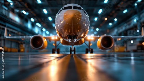 The front of a commercial airplane is prominently displayed in a hangar, highlighted by bright industrial lights, conveying scale and engineering excellence. photo