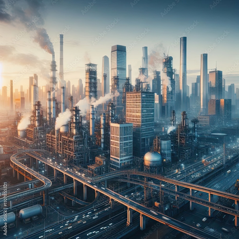 Fototapeta premium Industrial cityscape with towering buildings, bridges, and busy streets