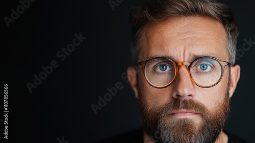 A serene, contemplative man wearing round glasses poses against a deep dark background, inviting introspection and calm thought through his steady gaze. photo