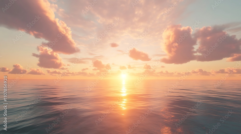 Fototapeta premium Breathtaking sunset over calm ocean waters with soft pink and orange hues reflecting on the surface
