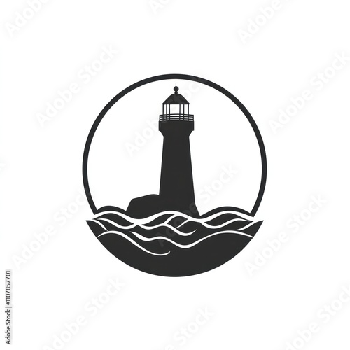 Silhouette of a lighthouse on waves in a circle. photo