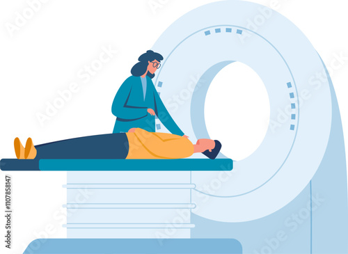 Doctor reassuring patient lying on a gurney, preparing to enter mri machine for a diagnostic scan, highlighting healthcare and medical technology