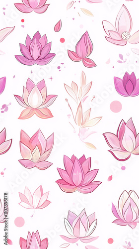 Kawaii lotus shapes with decorative elements, repetitive pattern