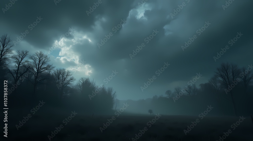 Obraz premium Dark clouds hung over the dark old forest, foreshadowing a thunderstorm