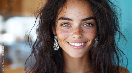 A portrait of a smiling woman with long dark hair wearing sparkling earrings, set against a vibrant, brightly colored backdrop, showcasing vitality and joyfulness. photo