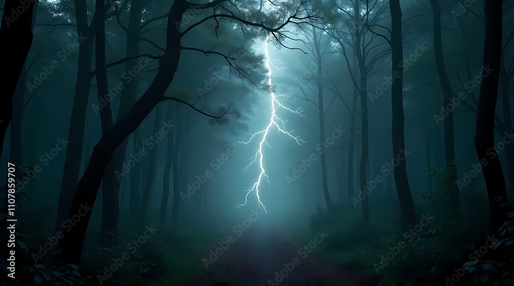 Obraz premium Deep in the dark old forest, lightning flashed, tearing apart the gloomy curtain