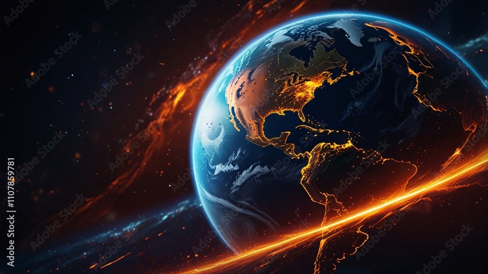 Obraz premium Glowing Earth from Space with Energy Arcs and Cosmic Lights V2