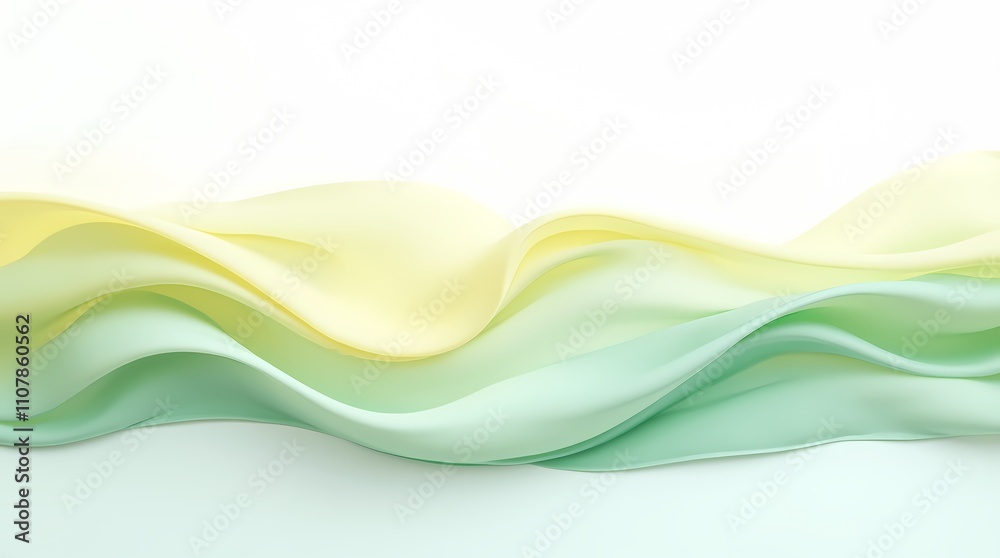 Obraz premium Delicate light green and yellow waves softly flow into each other on a white background, creating an exquisite backdrop