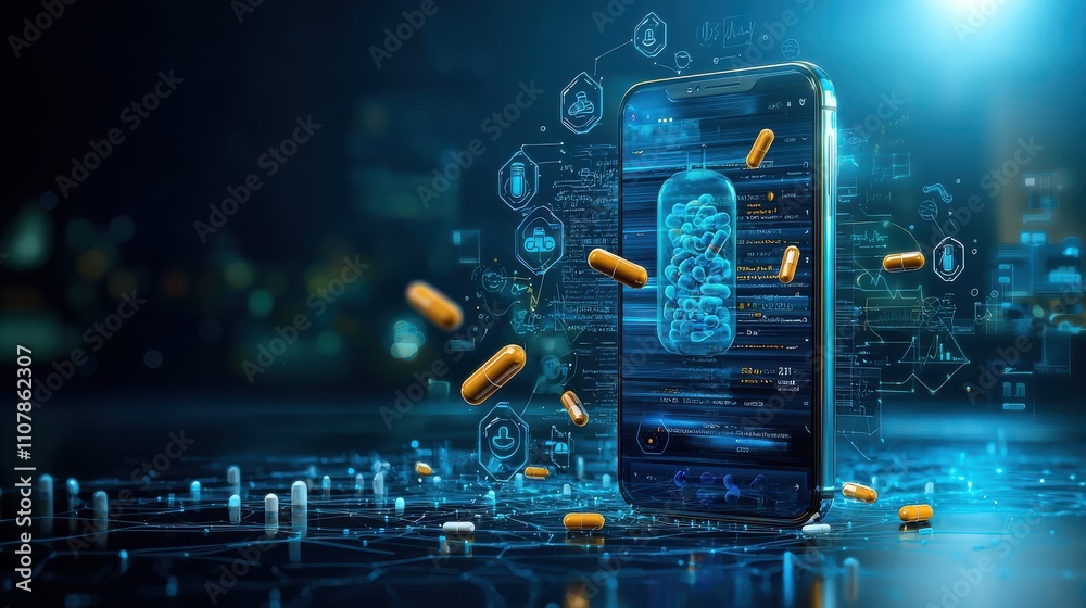 Obraz premium Transforming health online pharmacy app experience on smartphone with floating item standards for enhanced user engagement