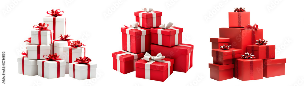 Fototapeta premium Stack of Red and White Group Boxes Package with Ribbon, isolated on white. 