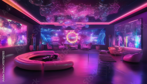 High-Tech Party Room with Neon Accents and VR Displays photo