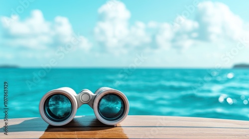 A pair of white binoculars positioned on a wooden surface, overlooking the vast blue ocean with a clear sky and fluffy clouds in the background. photo