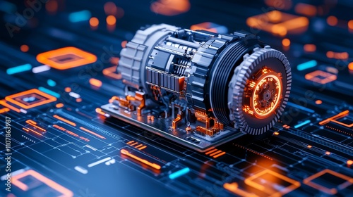 This futuristic electric motor symbolizes the analysis of markets with its digital overlay.