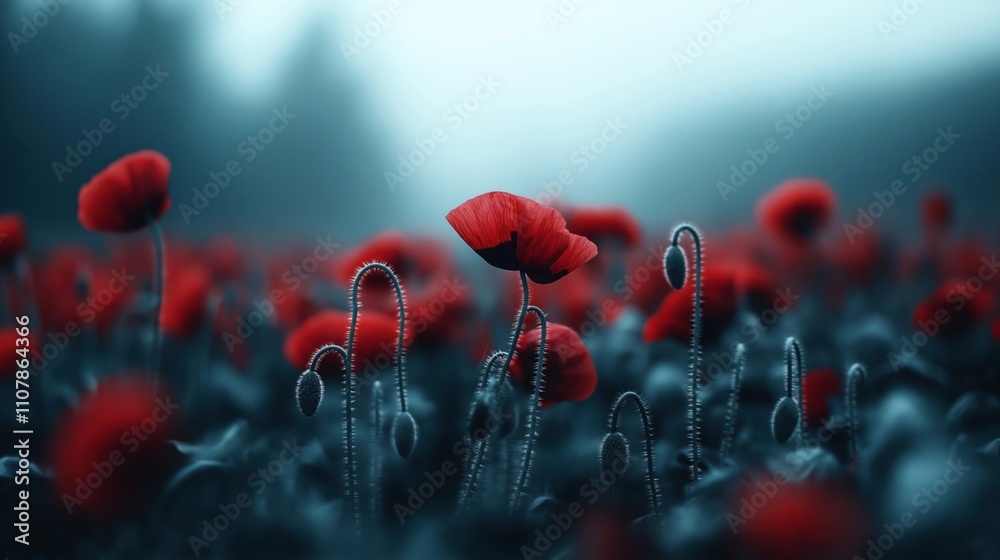 Obraz premium A serene landscape filled with vibrant red poppy flowers against a blurred blue background, showcasing a dreamy and ethereal field atmosphere at dawn or dusk.