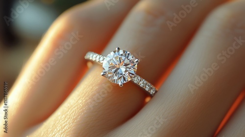 elegant diamond ring sparkling on a woman s finger against a background of sunlight and a window the idea of love and marriag photo