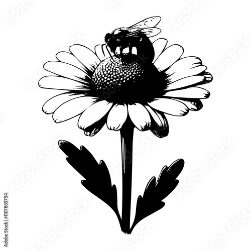  Daisy and a bee in the hand-drawn style. Vector.