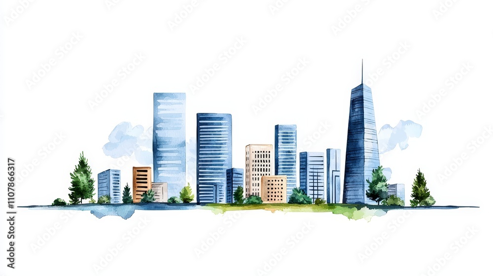 Fototapeta premium Trees, roads, and buildings are depicted in a watercolor cityscape; they symbolize the greenery and planning of an urban environment.