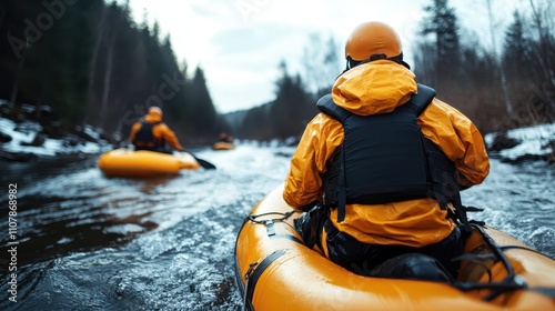 A group of adventurers in orange gear navigate a river in inflatable orange rafts, symbolizing teamwork, adventure, and the thrill of outdoor exploration. photo